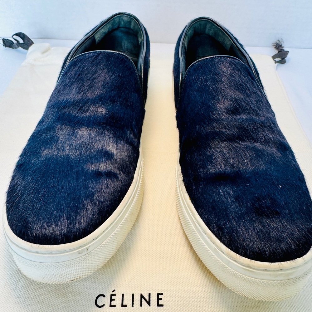 Celine Blue Fur Slip-On Shoes